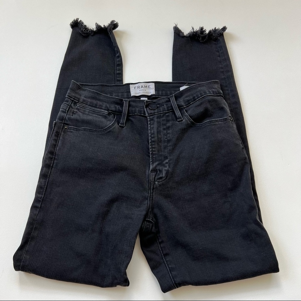 Frame Denim Le High Skinny Jeans Frayed Hem Black Size 27
